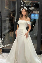 Exquisite Floor Length Off-The-Shoulder A-Line Satin Wedding Dress with Beads by misshow.com