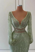 Exquisite Floor Length V-Neck Long Sleeves Mermaid Prom Dress with Sequins by misshow.com
