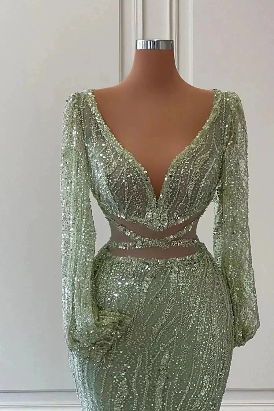 Exquisite Floor Length V-Neck Long Sleeves Mermaid Prom Dress with Sequins by misshow.com