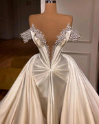 Exquisite Floor Length V-Neck Off-The-Shoulder A-Line Satin Prom Dress with Beads by misshow.com