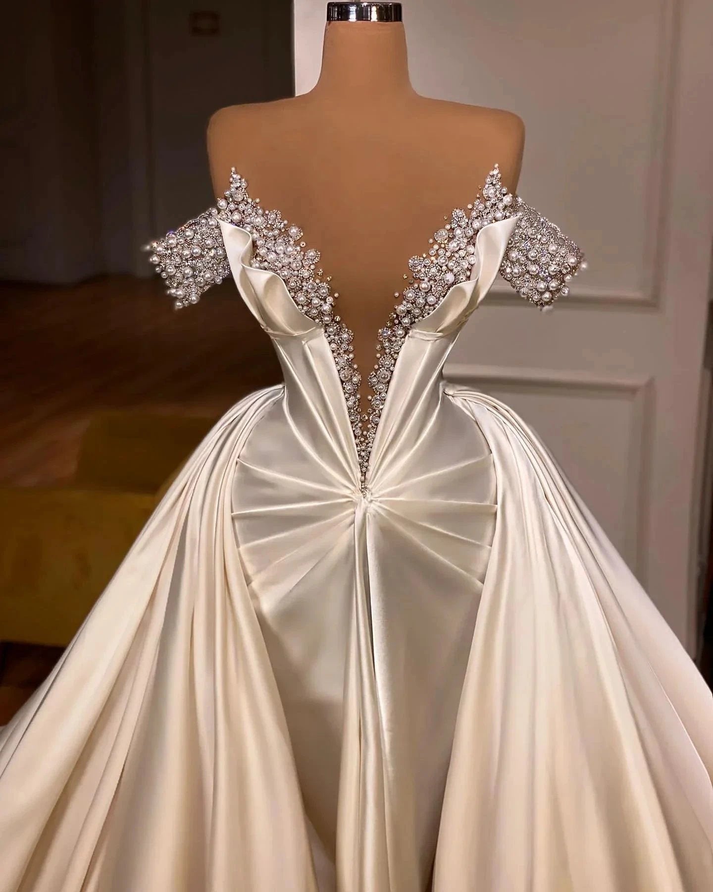 Exquisite Floor Length V-Neck Off-The-Shoulder A-Line Satin Prom Dress with Beads by misshow.com