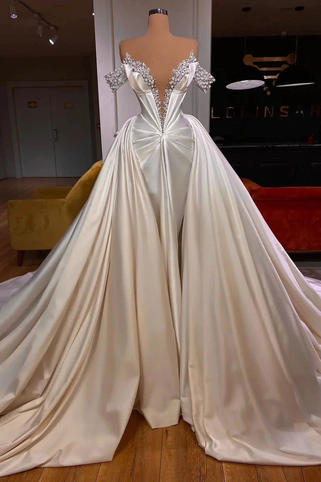 Exquisite Floor Length V-Neck Off-The-Shoulder A-Line Satin Prom Dress with Beads by misshow.com