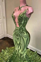 Exquisite Green V-neck Sequins Sleeveless Floor-length Mermaid Prom Dresses by misshow.com