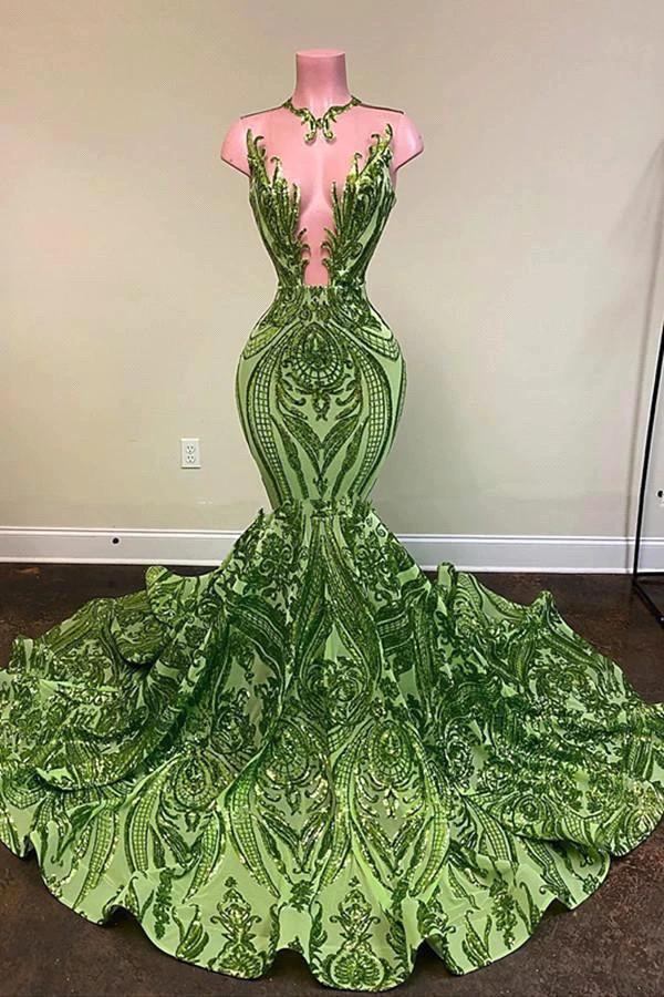 Exquisite Green V-neck Sequins Sleeveless Floor-length Mermaid Prom Dresses by misshow.com