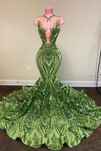 Exquisite Green V-neck Sequins Sleeveless Floor-length Mermaid Prom Dresses by misshow.com