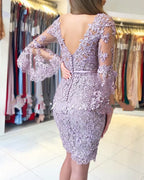 Lace Flowers Short Prom Dresses with Sleeves by BIZTUNNEL