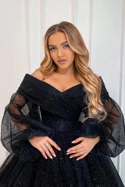 Exquisite Long Black A-line Ankle Length Off-the-shoulder Prom Dress with Long Sleeves by misshow.com