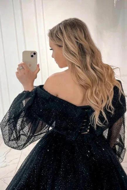 Exquisite Long Black A-line Ankle Length Off-the-shoulder Prom Dress with Long Sleeves by misshow.com