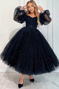 Exquisite Long Black A-line Ankle Length Off-the-shoulder Prom Dress with Long Sleeves by misshow.com