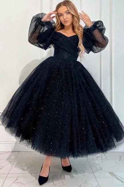 Exquisite Long Black A-line Ankle Length Off-the-shoulder Prom Dress with Long Sleeves by misshow.com