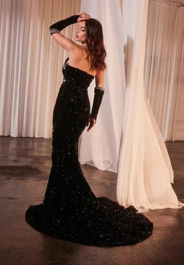 Exquisite Long Black Mermaid V-neck Sequined Prom Dress with Slit by misshow.com