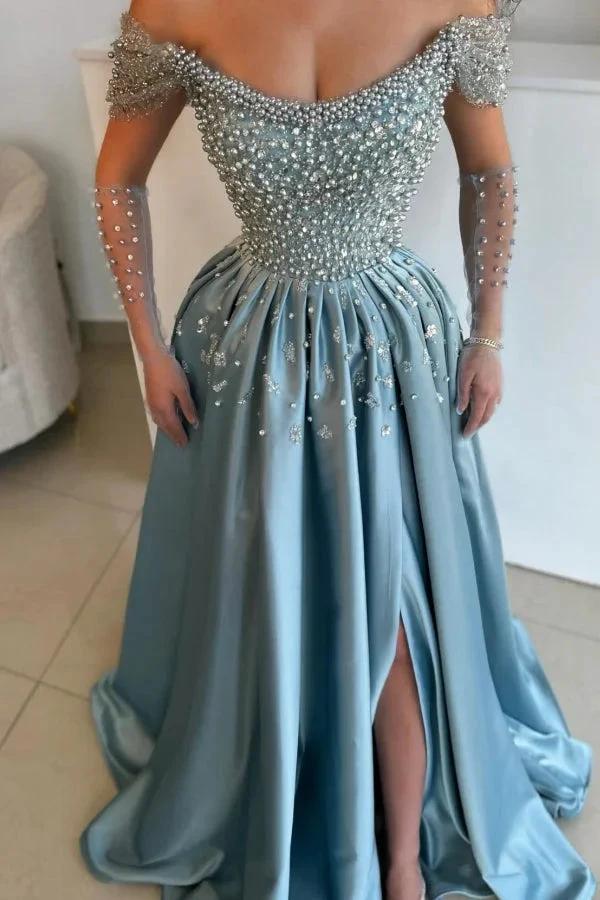 Exquisite Long Blue A-line Off-the-shoulder Pearls Rhinestones Prom Dress with Slit by misshow.com