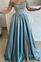 Exquisite Long Blue A-line Off-the-shoulder Pearls Rhinestones Prom Dress with Slit by misshow.com