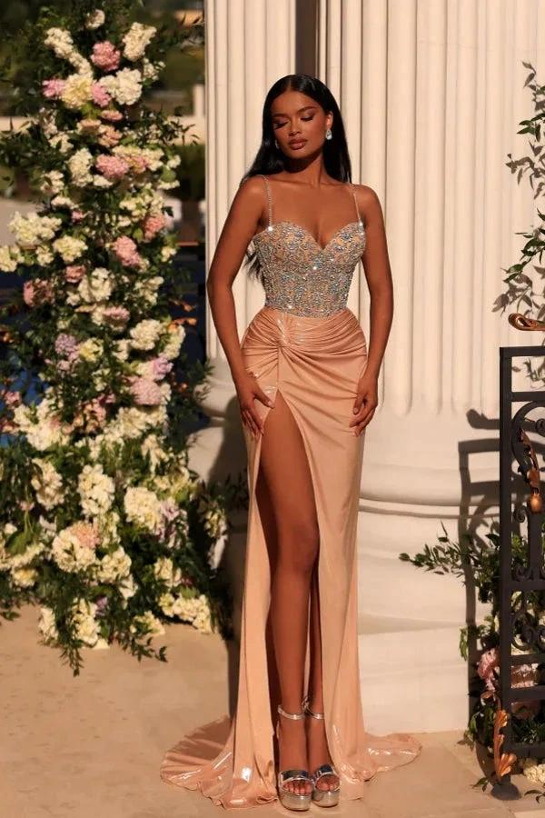 Exquisite Long Champagne Column Spaghetti Straps Lace Rhinestones Prom Dress with Slit by misshow.com