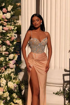 Exquisite Long Champagne Column Spaghetti Straps Lace Rhinestones Prom Dress with Slit by misshow.com