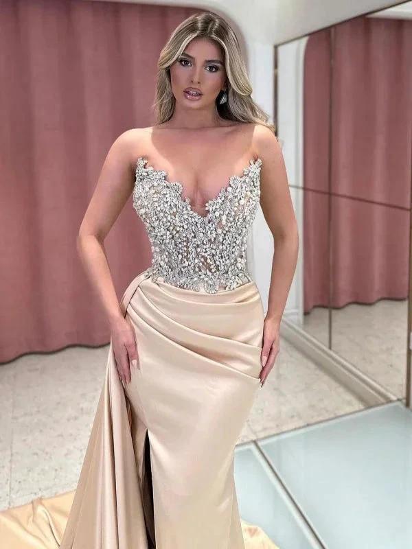 Exquisite Long Champagne Mermaid Strapless Jewels Prom Dress by misshow.com