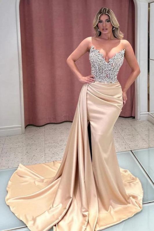 Exquisite Long Champagne Mermaid Strapless Jewels Prom Dress by misshow.com