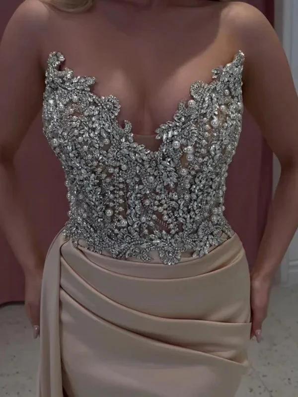 Exquisite Long Champagne Mermaid Strapless Jewels Prom Dress by misshow.com
