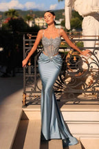 Exquisite Long Dusty Blue Mermaid Spaghetti Straps Lace Beading Prom Dress by misshow.com