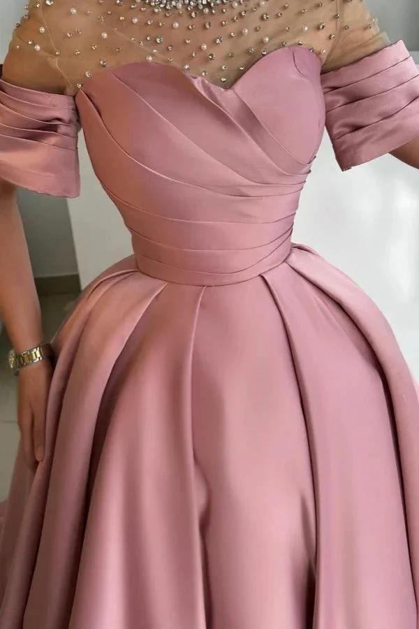 Exquisite Long Dusty Rose A-line Satin Rhinestones Prom Dress with Short Sleeves by misshow.com