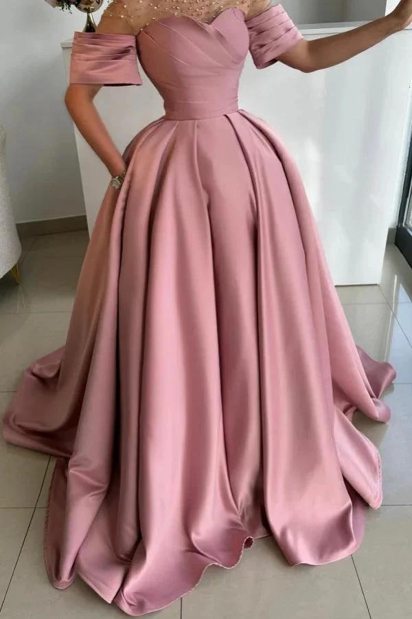 Exquisite Long Dusty Rose A-line Satin Rhinestones Prom Dress with Short Sleeves by misshow.com