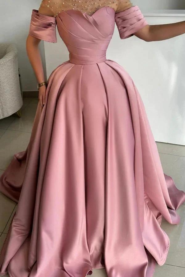Exquisite Long Dusty Rose A-line Satin Rhinestones Prom Dress with Short Sleeves by misshow.com