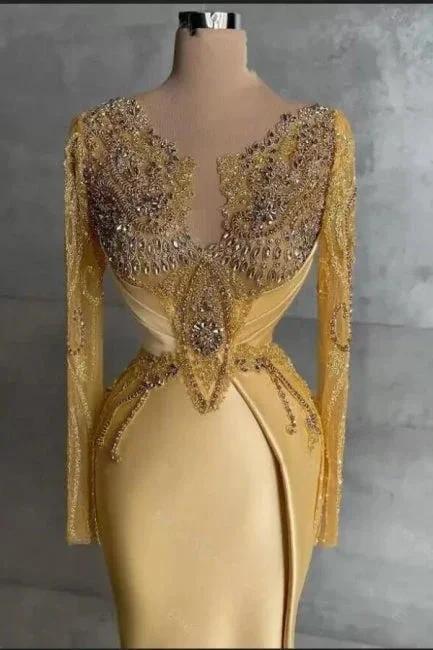 Exquisite Long Gold Mermaid Lace Beading Prom Dress with Long Sleeves by misshow.com