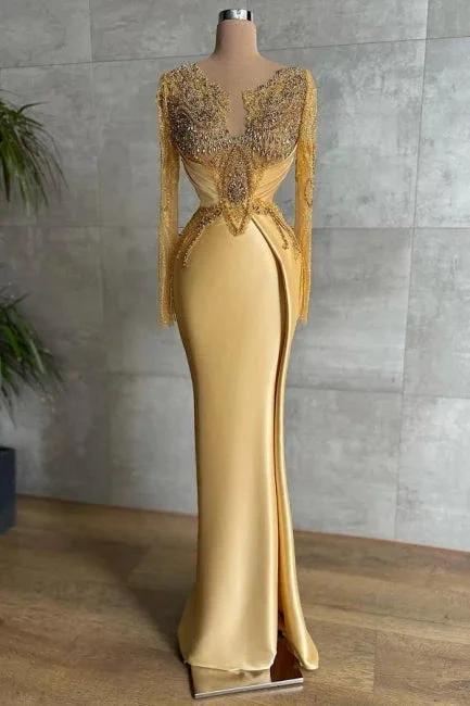 Exquisite Long Gold Mermaid Lace Beading Prom Dress with Long Sleeves by misshow.com