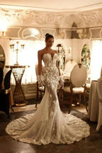 Exquisite Long Ivory Mermaid V-neck Strapless Tulle Lace Wedding Dress by misshow.com