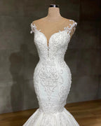 Exquisite Long Lace V-neck Sleeveless Mermaid Wedding Dresses by BIZTUNNEL