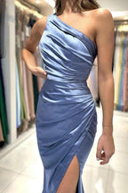 Exquisite Long Mermaid One Shoulder Satin Formal Prom Dresses with Slit by BIZTUNNEL