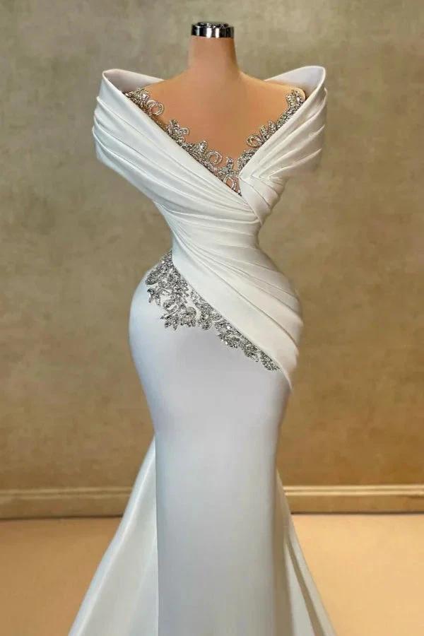 Exquisite Long White Mermaid Off-the-shoulder Lace Satin Wedding Dress with Rhinestones by misshow.com