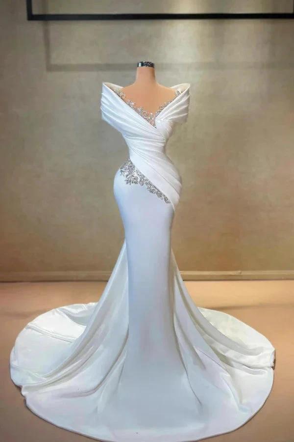 Exquisite Long White Mermaid Off-the-shoulder Lace Satin Wedding Dress with Rhinestones by misshow.com