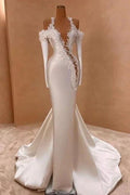 Exquisite Long White Mermaid Straps Satin Long Sleeves Wedding Dress with Pearls by misshow.com