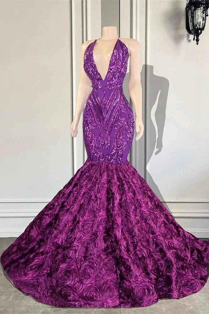 Exquisite Purple V-neck Sequins Sleeveless Floor-length Mermaid Prom Dresses by misshow.com