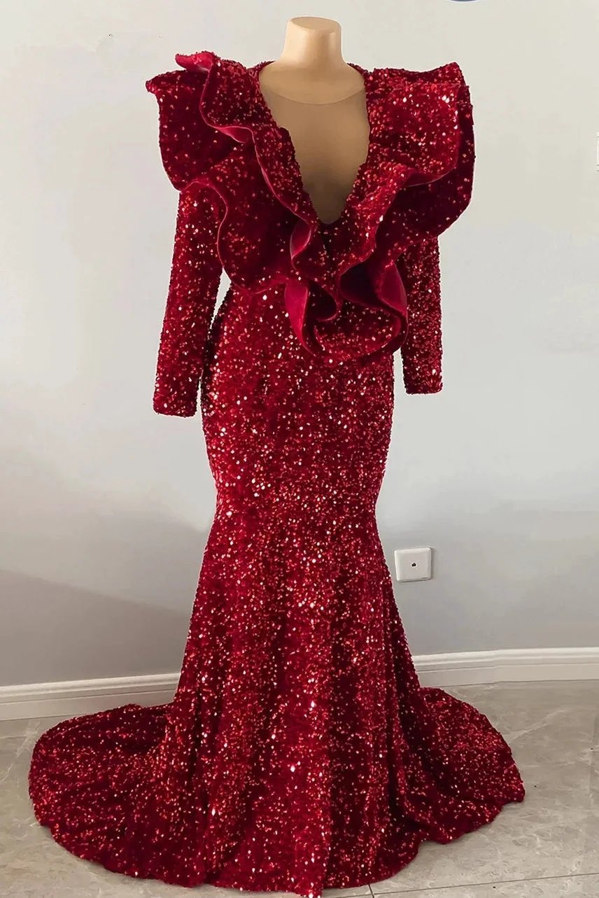 Exquisite Red V-neck Sequins Sleeveless Floor-length Mermaid Prom Dresses by misshow.com