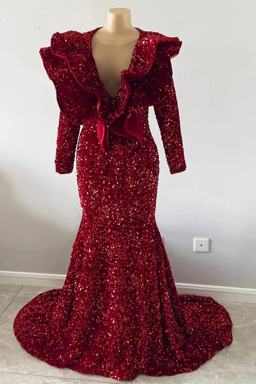 Exquisite Red V-neck Sequins Sleeveless Floor-length Mermaid Prom Dresses by misshow.com