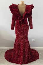 Exquisite Red V-neck Sequins Sleeveless Floor-length Mermaid Prom Dresses by misshow.com
