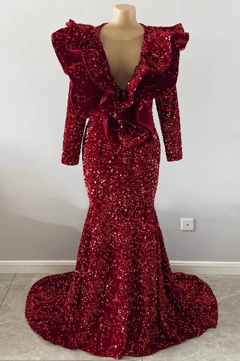 Exquisite Red V-neck Sequins Sleeveless Floor-length Mermaid Prom Dresses by misshow.com