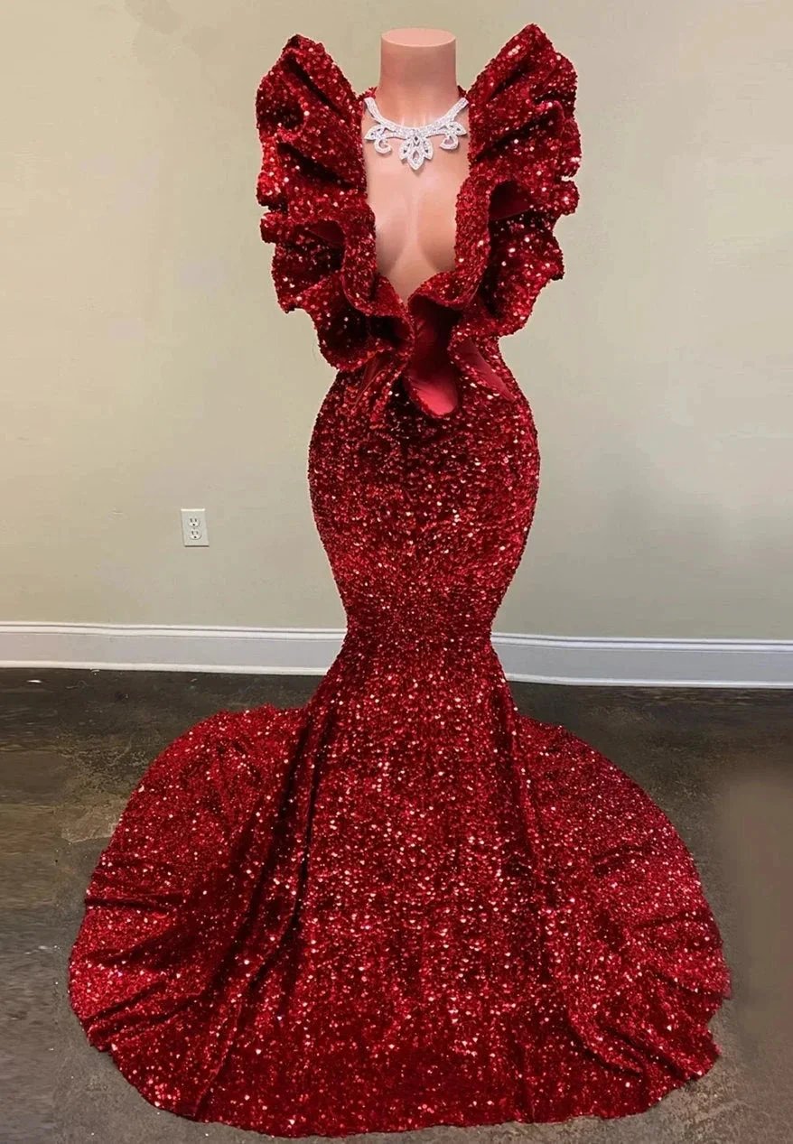 Exquisite Red V-neck Sequins Sleeveless Floor-length Mermaid Prom Dresses by misshow.com