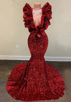Exquisite Red V-neck Sequins Sleeveless Floor-length Mermaid Prom Dresses by misshow.com
