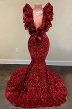Exquisite Red V-neck Sequins Sleeveless Floor-length Mermaid Prom Dresses by misshow.com