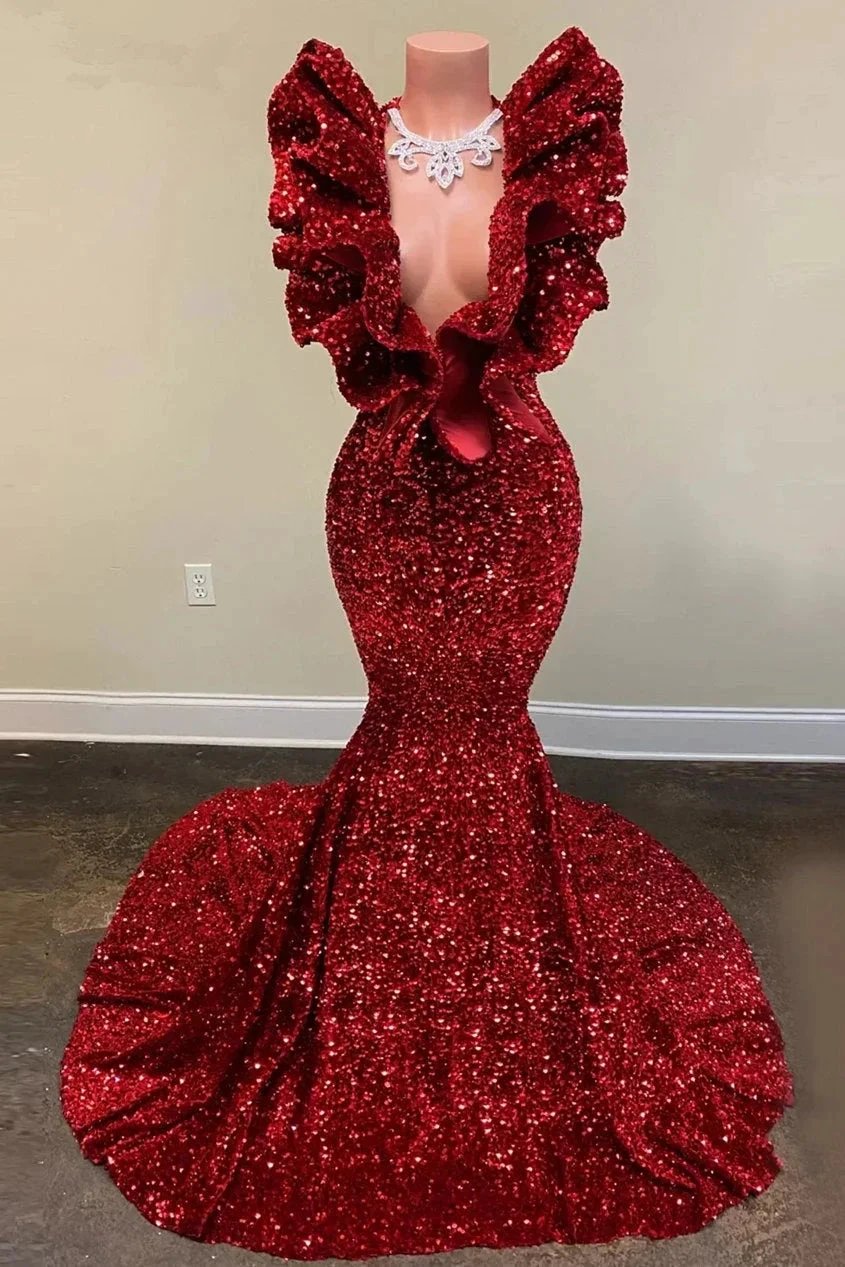 Exquisite Red V-neck Sequins Sleeveless Floor-length Mermaid Prom Dresses by misshow.com