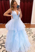 Exquisite Sky Blue A-line V-neck Tulle Long Prom Dress by BIZTUNNEL