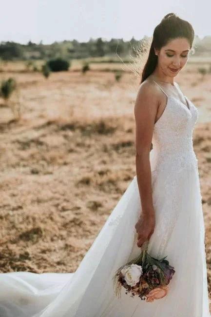Exquisite Spaghetti Strap Sleeveless A-Line Floor-Length Lace Wedding Dresses by misshow.com