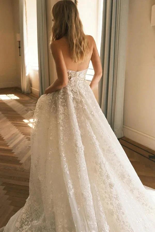 Extravagant Long A-line Lace Sweetheart Strapless Wedding Dress by misshow.com