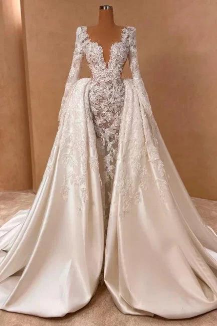 Extravagant Long A-line V-neck Lace Satin Long Sleeves Wedding Dress with Detachable Train by misshow.com