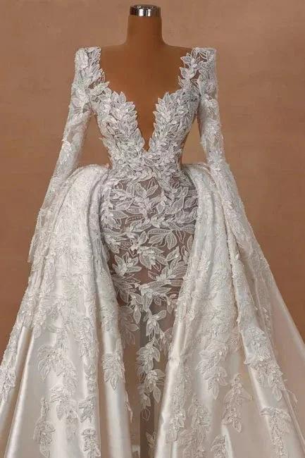 Extravagant Long A-line V-neck Lace Satin Long Sleeves Wedding Dress with Detachable Train by misshow.com