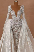 Extravagant Long A-line V-neck Lace Satin Long Sleeves Wedding Dress with Detachable Train by misshow.com