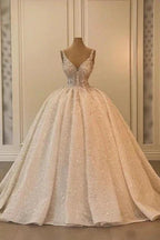 Extravagant Long A-line V-neck Sleeveless Princess Glitter Wedding Dress with Lace by misshow.com